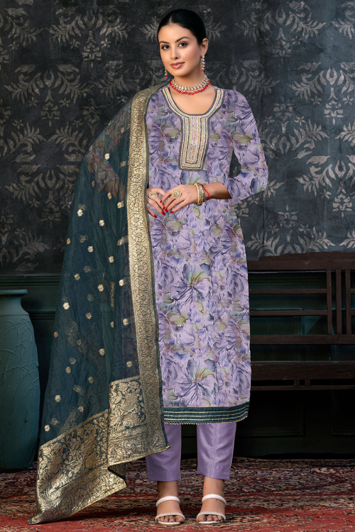 Light Purple Silk Floral Print Straight Cut Trouser Suit 