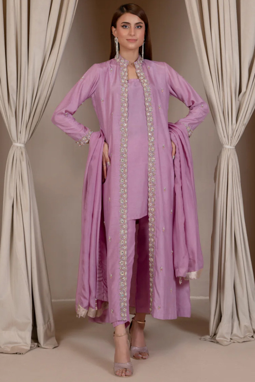 Light Purple Silk Indo-Western Suit with Zari Work for Diwali