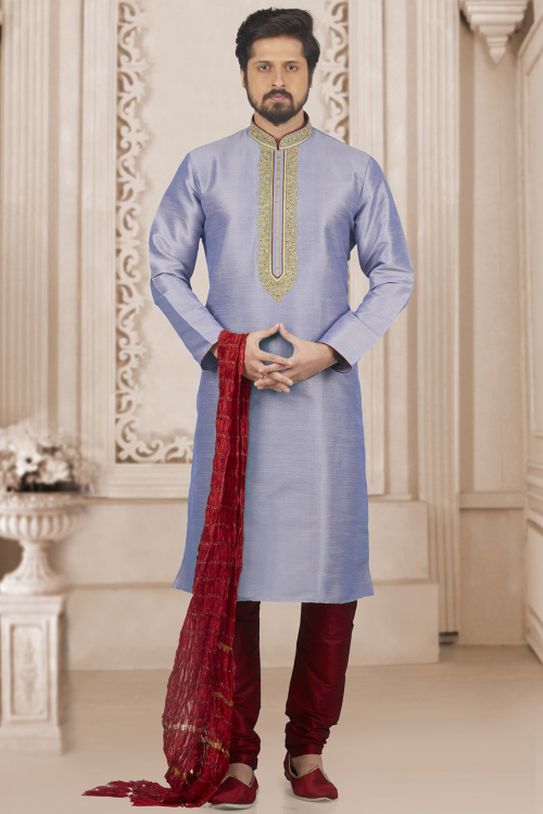 Light Purple Silk Kurta Pajama with Thread Work for Diwali