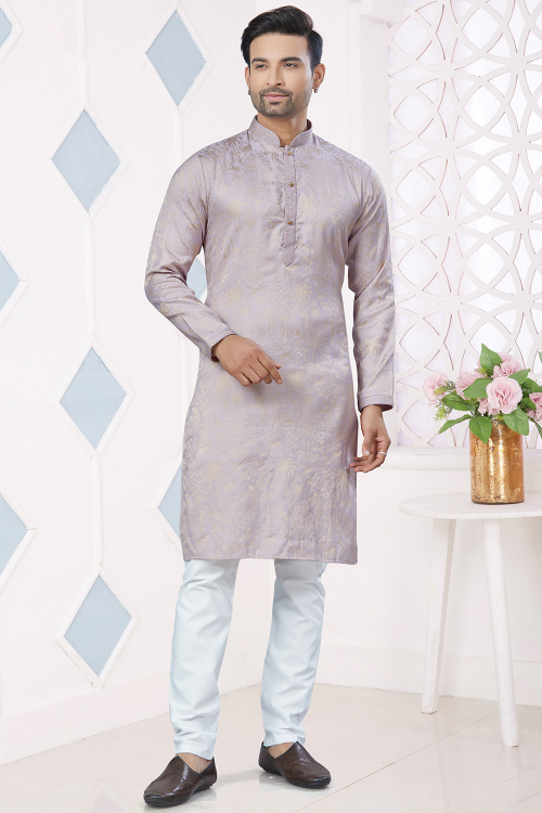 Light Purple Silk Woven Zari Men Kurta Pajama 