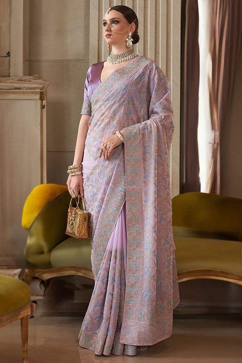 Light Purple Tissue Saree with Sequins Work for Haldi Wear