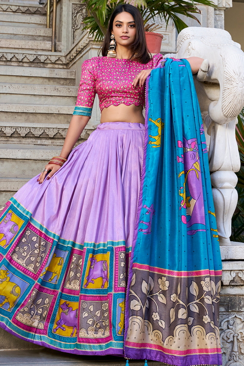 Light Purple Tussar Silk Printed Flared Style Lehenga