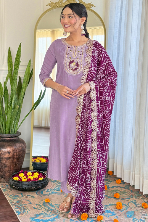 Light Purple Viscose Embroidered Ready Made Straight Cut Trouser Suit