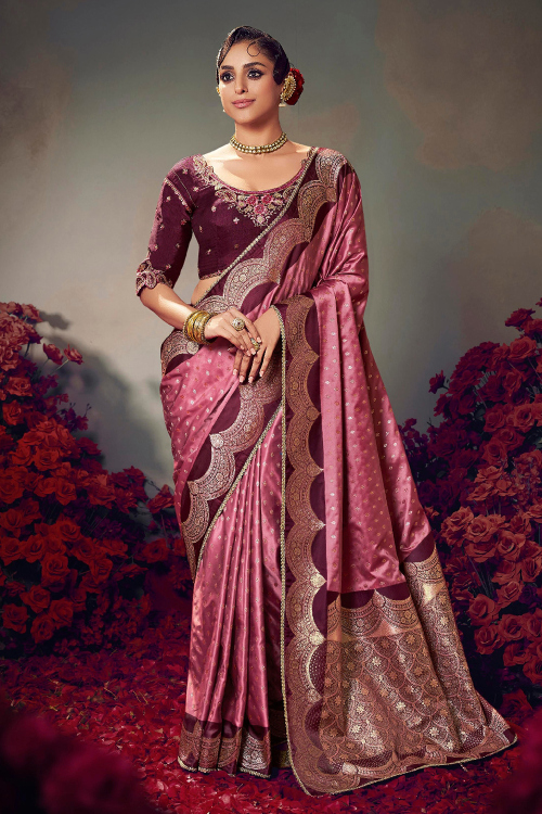 Light Red Art Silk Weaved Broad Border Saree