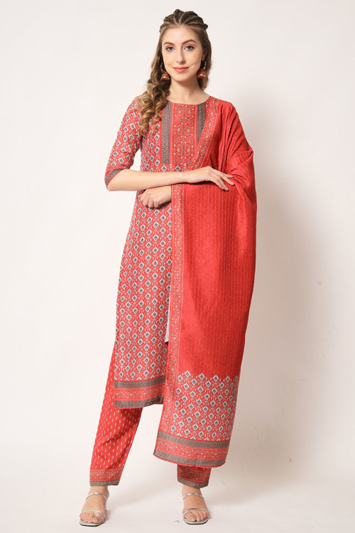 Light Red Cotton Digital Printed Straight Cut Trouser Suit