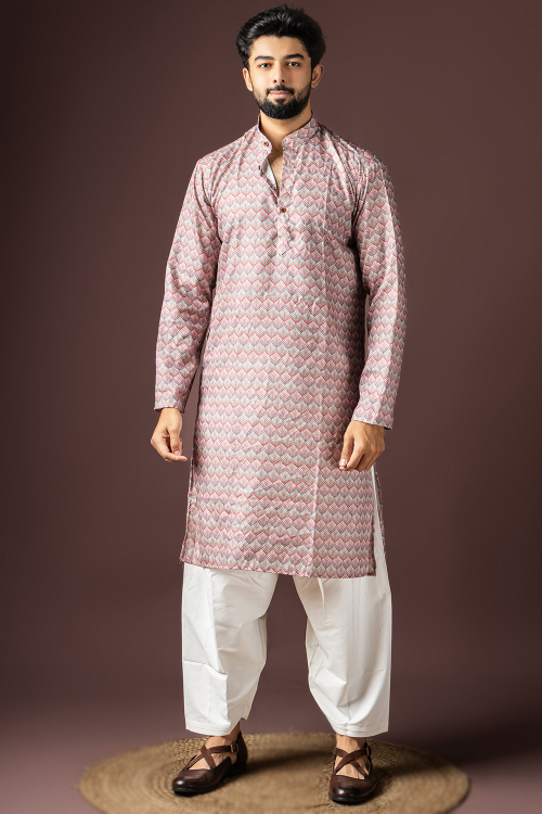 Light Red Cotton Men's Kurta Pajama With Printed Work