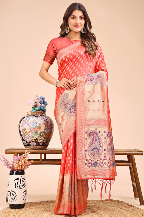 Light Red Cotton Saree With Weaved Work For Diwali