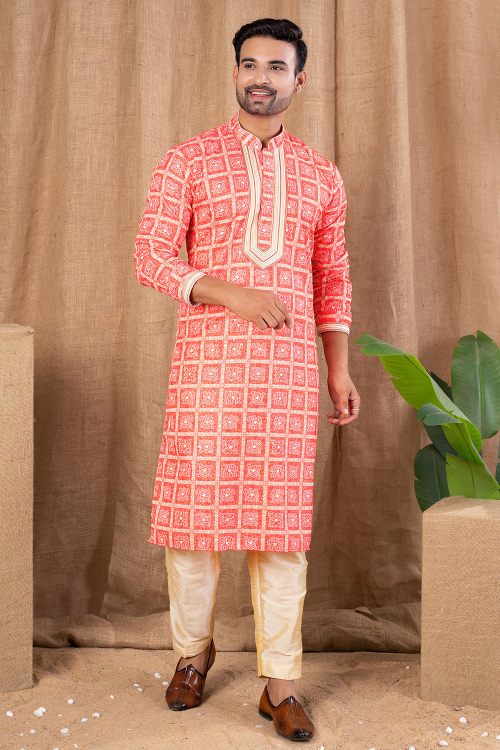 Light Red Cotton Silk Men's Kurta Pajama With Printed Work