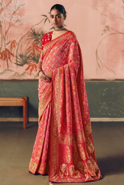 Light Red Georgette Broad Border Saree With Weaved Work