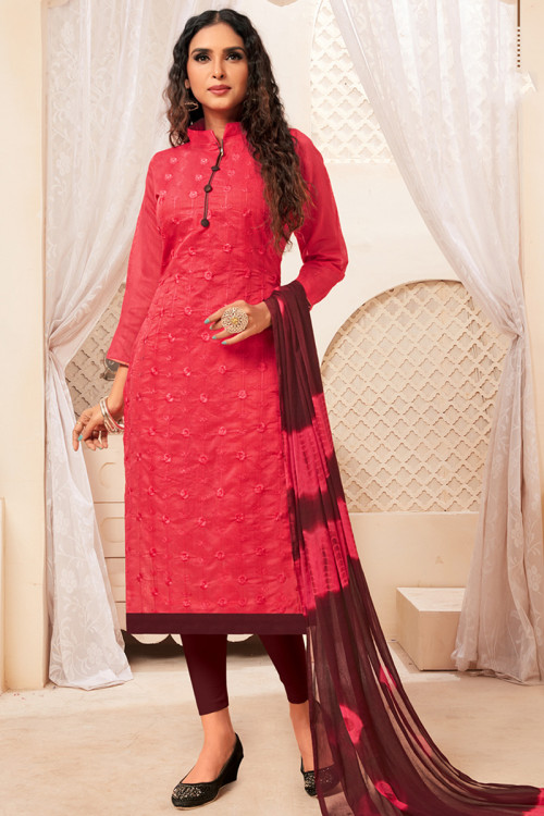 Light Red Lace Embroidered Chanderi Cotton Legging Suit 