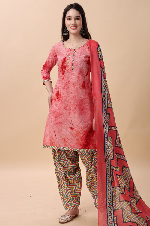 Light Red Printed Cotton Casual Wear Patiala Suit