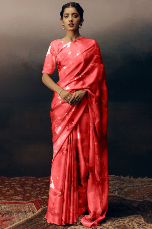 Light Red Satin Printed Light Weight Saree