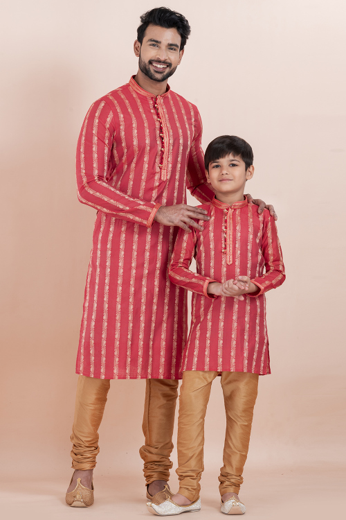 Light Red Silk Kurta Pajama Combo for Father &amp; Son Festive Wear