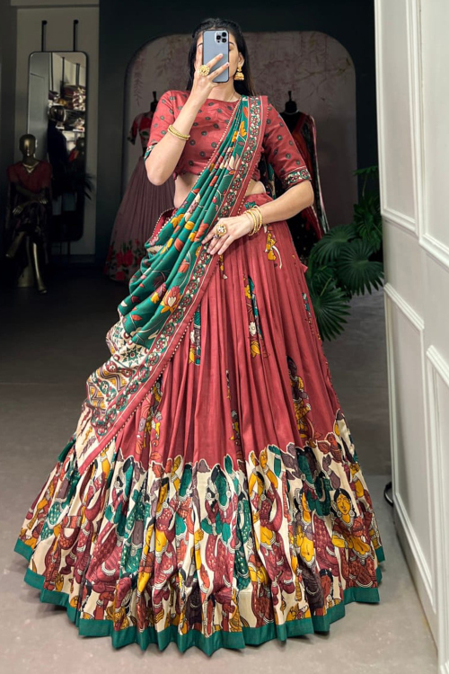 Light Red Silk Printed Flared Style Lehenga