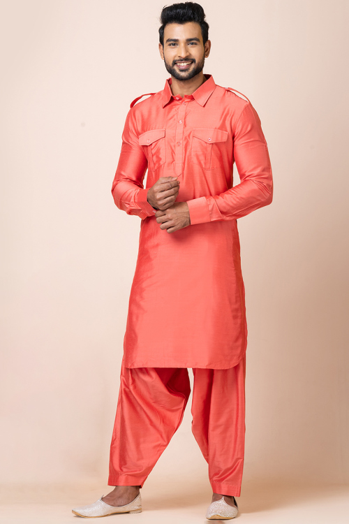 Light Red Silk Straight Cut Pathani Men's Kurta With Salwar 