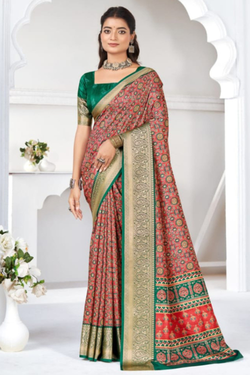 Light Red Soft Silk Saree With Printed Work For Festival