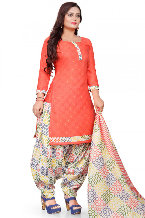 Light Red Straight Cut Cotton Printed Casual Wear Patiala Suit 