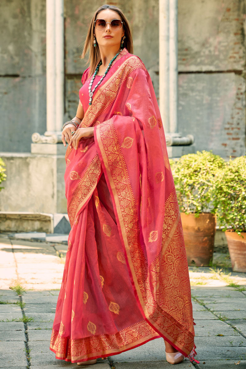 Light Red Weaved Zari Tussar Silk Broad Border Saree For Sangeet 