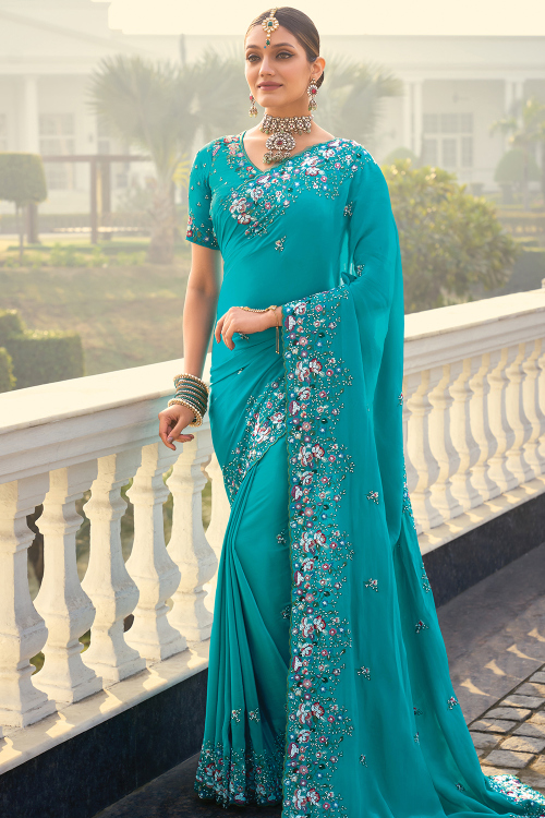 Light Sea Blue Crepe Embroidered Saree For Festival