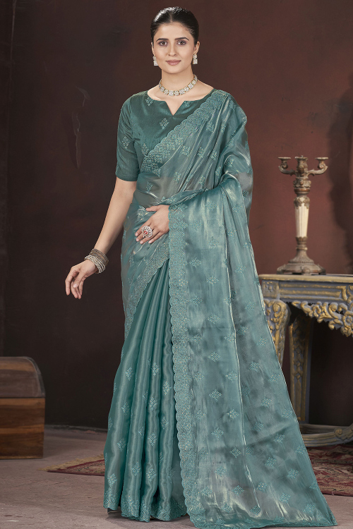 Light Teal Blue Organza Embroidered Light Weight Saree