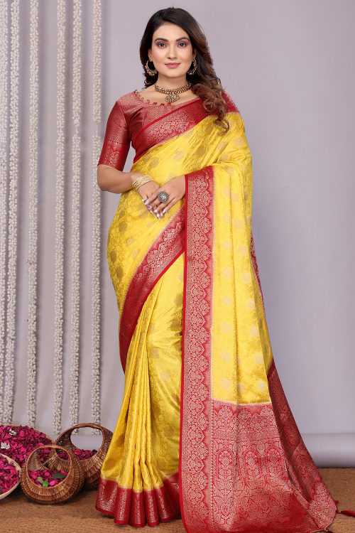 Light Yellow Art Silk Broad Border Saree With Weaved Work