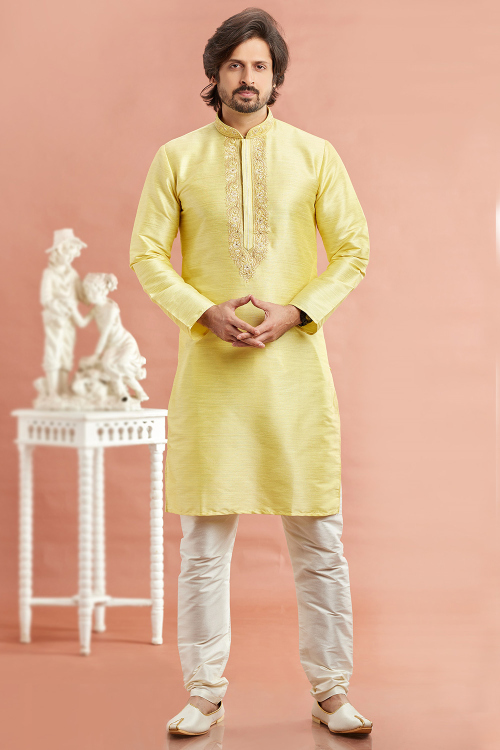 Light Yellow Art Silk Embroidered Straight Cut Men's Kurta Churidar 