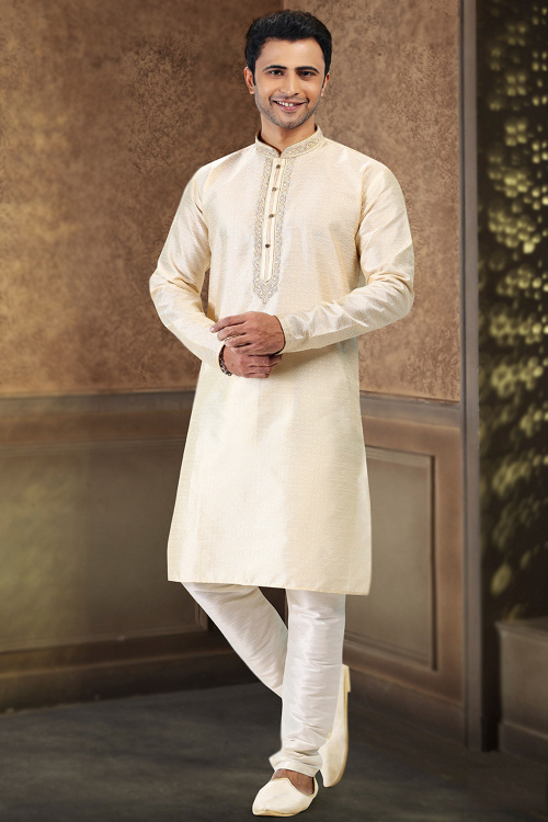 Light Yellow Art Silk Men's Kurta Churidar With Weaved Work