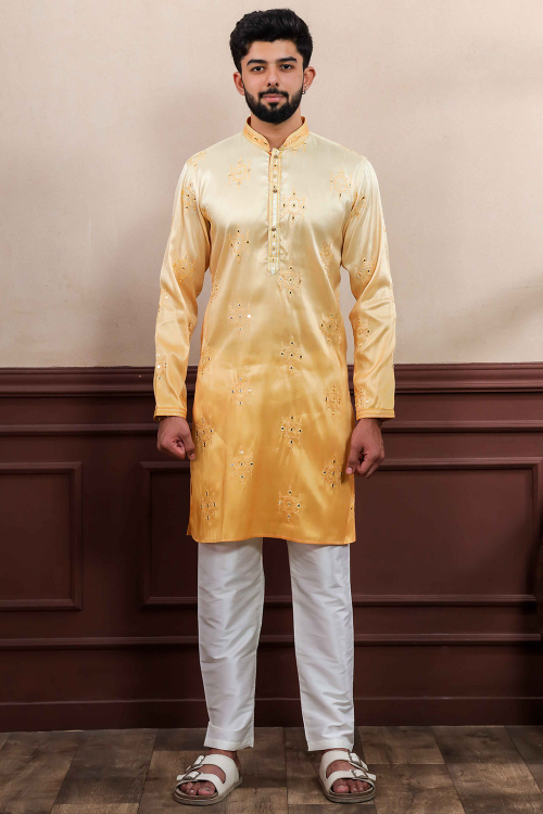 Light Yellow Art Silk Men's Kurta Pajama With Faux Mirror Work