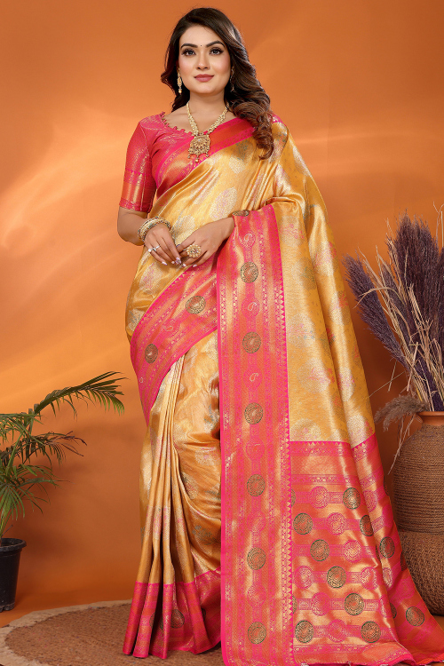 Light Yellow Art Silk Saree With Weaved Work 