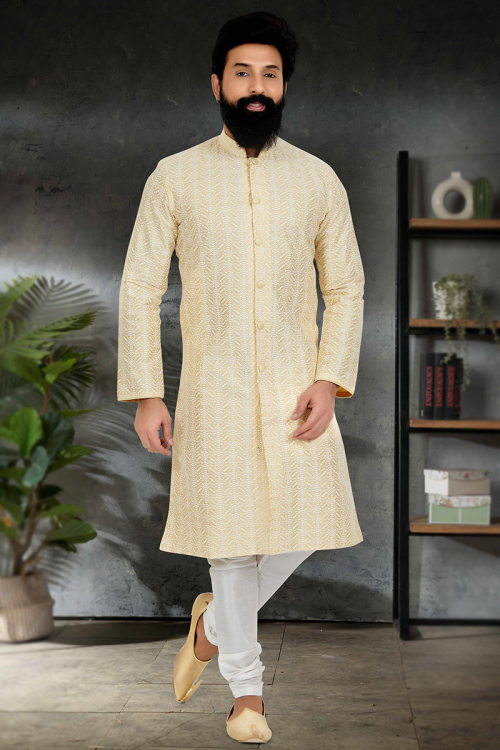 Light Yellow Art Silk Straight Cut Men Kurta Churidar