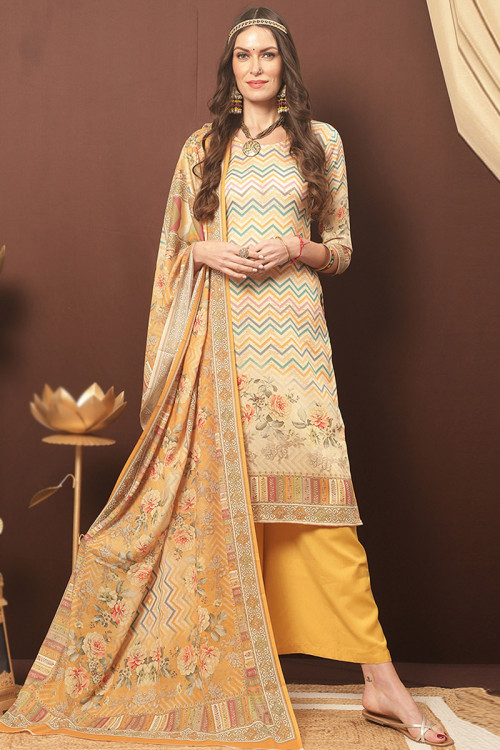 Light Yellow Casual Wear Printed Cotton Silk Palazzo Suit 