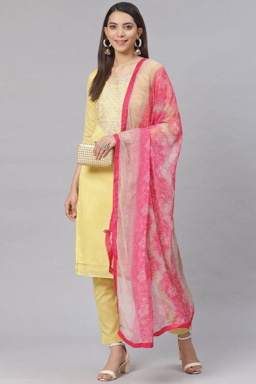 Light Yellow Chanderi Cotton Embroidered Trouser Suit