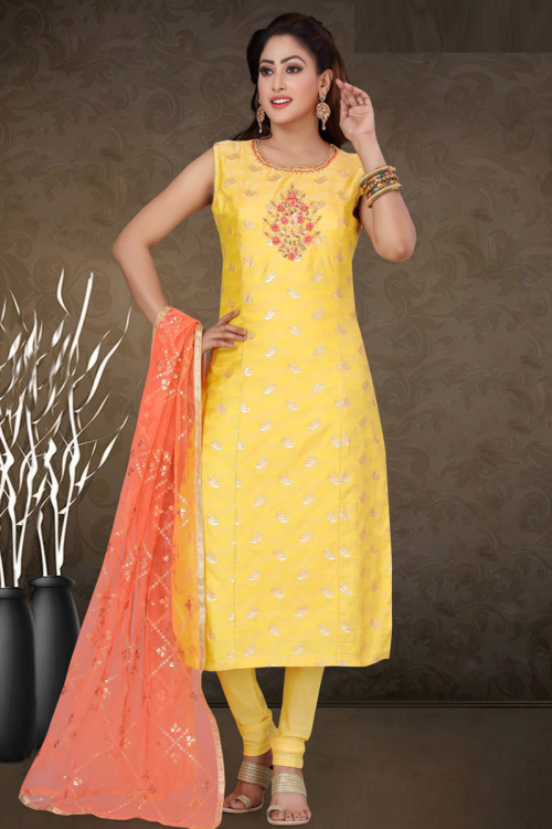 Light Yellow Chanderi Straight Cut Churidar Suit
