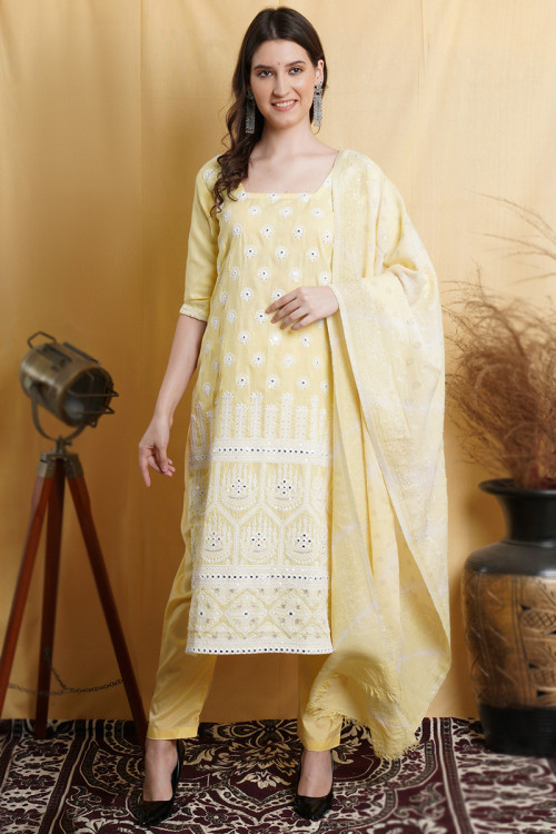 Light Yellow Cotton Embroidered Casual Wear Trouser Suit 