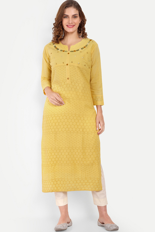 Light Yellow Cotton Embroidered Straight Cut Ready Made Kurti