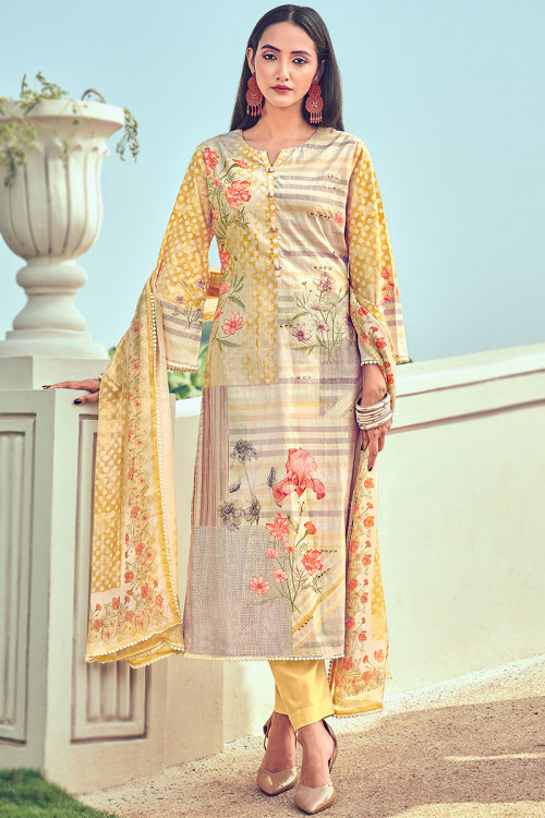 Light Yellow Cotton Floral Printed Straight Cut Trouser Suit 