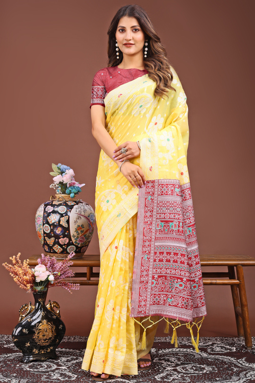 Light Yellow Cotton Light Weight Weaved Saree