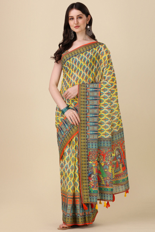 Light Yellow Cotton Printed Casual Wear Saree