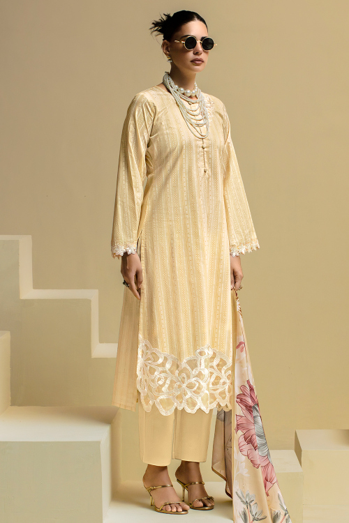 Light Yellow Cotton Printed Straight Cut Trouser Suit 