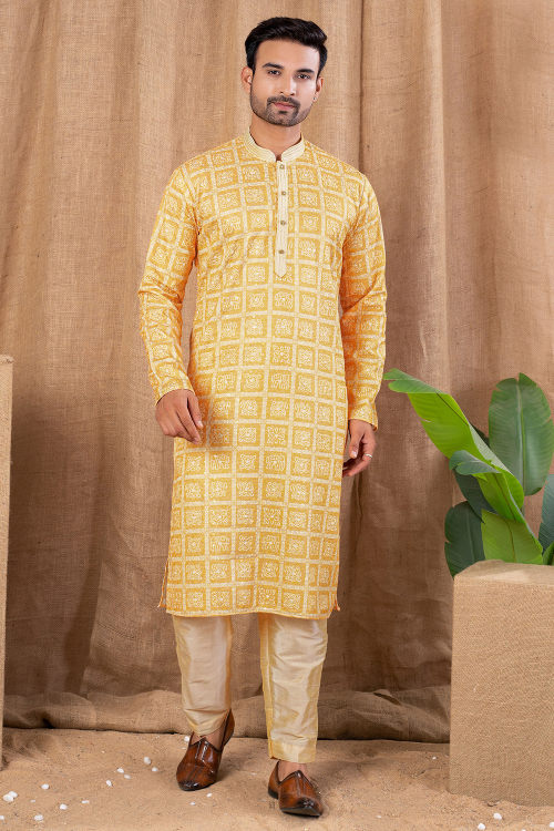 Light Yellow Cotton Silk Men's Kurta Pajama With Printed Work
