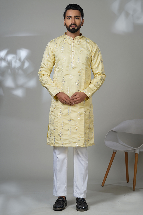 Light Yellow Cotton Silk Men's Kurta Pajama With Sequins Work