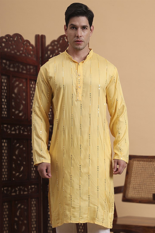 Light Yellow Cotton Silk Men's Kurta With Sequins Work For Festival