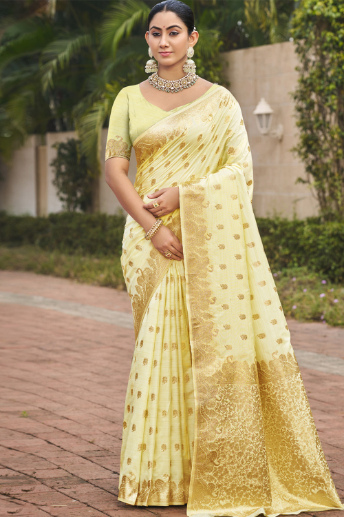Light Yellow Cotton Silk Woven Zari Broad Border Saree