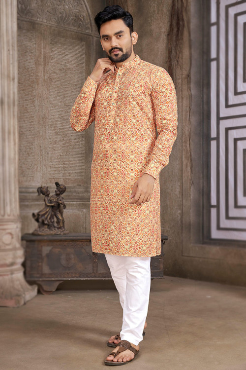 Printed yellow kurta pajama clearance