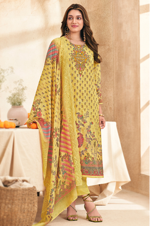 Light Yellow Cotton Trouser Suit With Printed Work