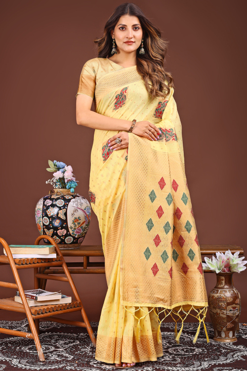 Light Yellow Cotton Woven Zari Regional Saree 