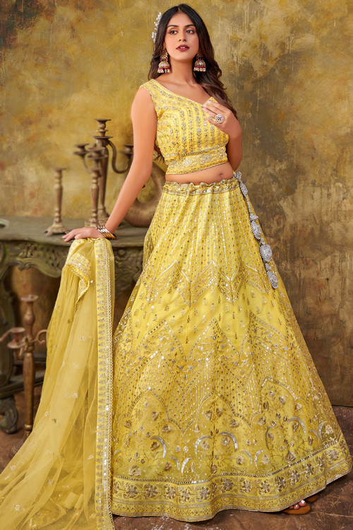 Engagement, Mehendi Sangeet, Reception Yellow color Silk fabric Ready to  Wear Lehenga : 1879199