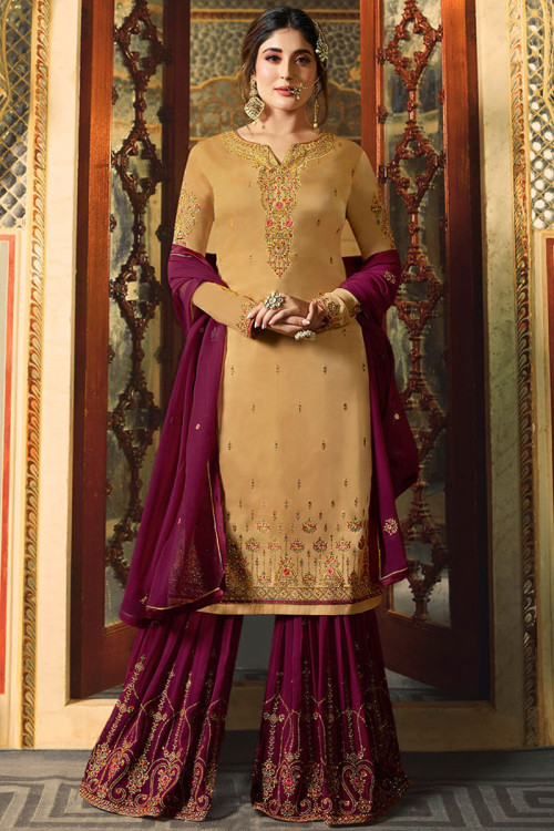 Yellow Georgette And Satin Embroidered Sharara Pant Suit
