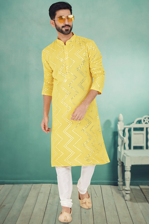 Light Yellow Georgette Embroidered Men Kurta Churidar