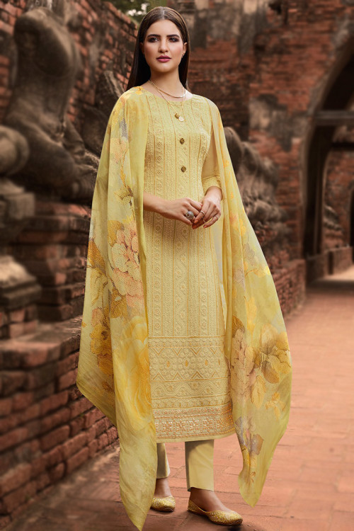 Light Yellow Georgette Embroidered Straight Cut Trouser Suit